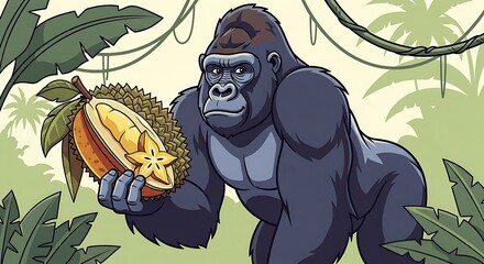 Cartoon Gorilla Holding Durian Fruit Jungle Scene.