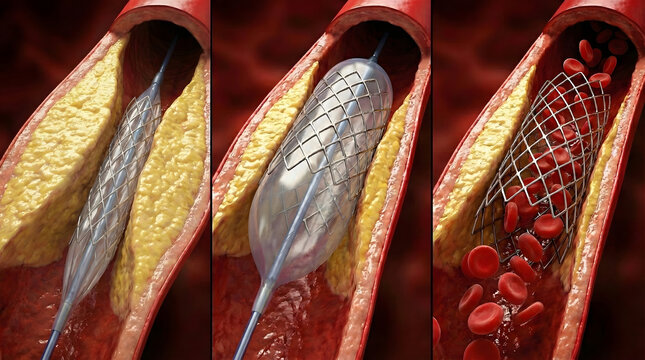 Medical illustration showing angioplasty and stent placement procedure to open a blocked artery and restore blood flow.