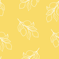 Seamless pattern with lemons and leaves on a yellow background. Hand drawn vector illustration for wrapping paper, textile, fabric.