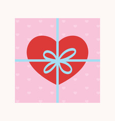 Valentine gift box vector illustration with heart label and pink wrapping paper. Cute hand drawn design for packaging, stickers, cards and invitations.