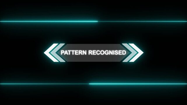 Animation of HUD elements with text Pattern Recognised. Animate a white callous for text. HUD elements on black background. Futuristic callout titles. Virtual sci fi textbox for HUD.