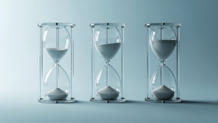Three identical minimalist glass hourglasses in a row against a soft blue background