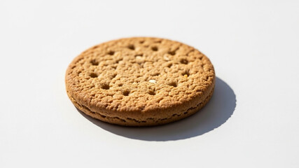 Top View of a Round Golden Oat Biscuit Cookie on a White Background
