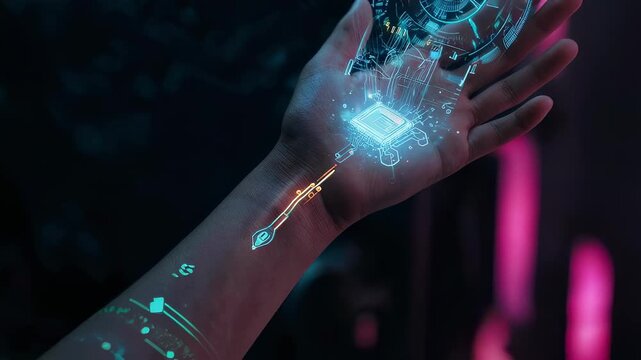 Holographic microchip cpu projecting from futuristic arm implant