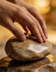 Macro Shot of Human Hands Gently Touching Smooth Stone Surface, Mindfulness and Calm Concept with Minimal Background for Wellness, Relaxation, Meditation, and Serene Visual Storytelling