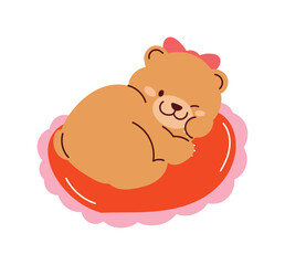 Fototapeta premium Valentine sleeping teddy bear on heart pillow vector illustration with warm pastel colors. Cute romantic design for cards, nursery decor and stickers.