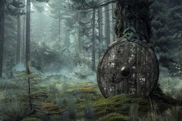Old worn viking shield leaning against a tree in a misty forest, creating a mysterious and evocative scene