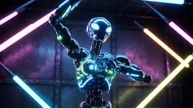 Futuristic Alien Robot Dancing in Neon Lighted Room with Vibrant Colors.