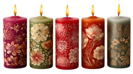 A festive burning red advent candle sits among gold ornaments and winter tree decorations, creating a warm holiday candlelight glow for a December Christmas celebration