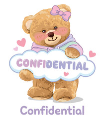 Fototapeta premium Sweet teddy bear character in a cozy hoodie, holding a cloud-shaped sign with 'CONFIDENTIAL' text, surrounded by hearts, conveying a soft and secret message, perfect for gentle or private themes.