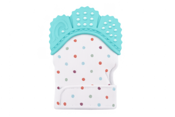 Baby teething mitten relieving gum pain with polka dots