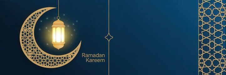 Ramadan Kareem greeting card with crescent moon lantern islamic eid festival religion light golden