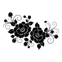 A black and white illustration of flowers and leaves in a decorative arrangement from a front viewpoint.