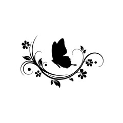 A delicate butterfly illustration surrounded by floral swirls and leaves on a white background
