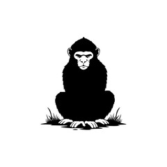 A serene monkey sitting peacefully on the ground surrounded by grass in a calm environment viewed from the front