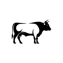 A black silhouette of a cow standing in profile with a white background