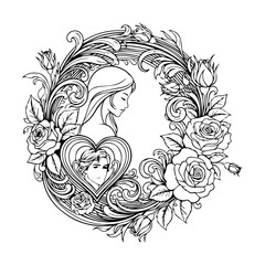 A woman surrounded by floral wreath with heart-shaped centerpiece in intricate line art