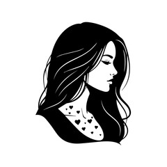 A serene woman with flowing hair and hearts on her clothing is illustrated in black and white