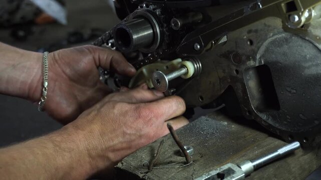 repair and assembly of a stock turbocharged engine for a drift car installation of a custom tensioner and oil pump chain dampener drilling and thread cutting