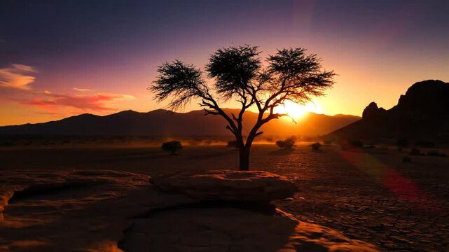 Stunning desert sunset landscape with silhouetted tree, vibrant colors, and mountains in the background