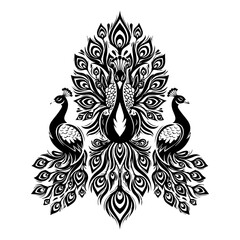 Ornate black and white illustration of peacocks with intricate feather patterns