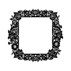 An ornate black and white floral frame with leaves and flowers surrounds a blank space