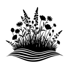 Black silhouettes of various wildflowers and grasses in a wavy landscape