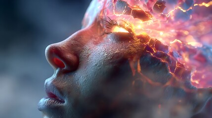 Close-up portrait of exhausted woman with digital brain burnout and psychological stress effects in vibrant neon glow