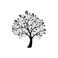 A stylized black tree illustration with swirling leaves on a white background viewed from the side