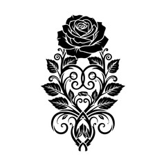 An ornate black illustration of a rose with intricate leaves and swirling patterns on a white background
