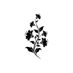A delicate black and white illustration of a flowering plant with intricate details and silhouettes.