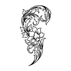 An ornate floral design featuring a central flower surrounded by swirling leaves and vines in a curved pattern.