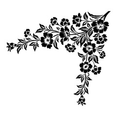 An ornate floral corner design featuring flowers and leaves in a minimalist black illustration on a white background