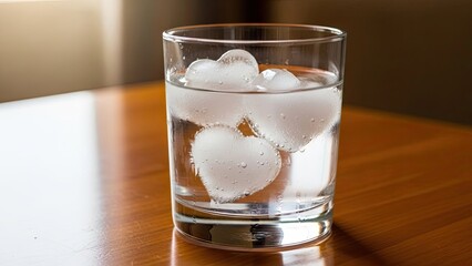 Glass of Water with Ice Cubes on Wooden Table.