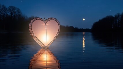 Glowing Heart Lantern on Lake at Night.