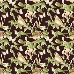 Lush garden plants with birds and butterflies on honeysuckle watercolor seamless pattern on dark brown. Realistic songbirds and blooming vine flowers repeat background for spring nature wallpapers