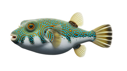 A colorful pufferfish with vibrant blue and yellow patterns swimming on transparent background