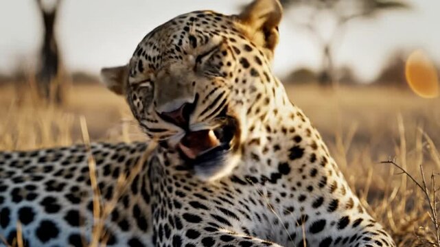 Close-up of a leopard resting in dry savanna grasses, blinking, and looking at the camera with beautiful patterns