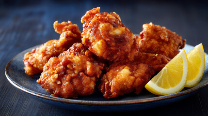 ダークトーンの背景に映える香ばしく揚がった鶏の唐揚げとカットレモンの和皿盛り