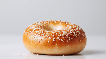 白を基調とした明るい背景に置かれたたっぷりの白ごまが香ばしい焼き立てのセサミベーグル