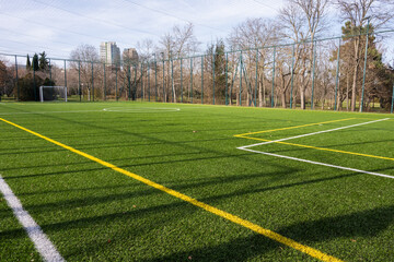 an expansive green artificial turf soccer field marked with white and yellow lines, enclosed by a tall wire fence and surrounded by bare trees and distant city buildings. © Andrey