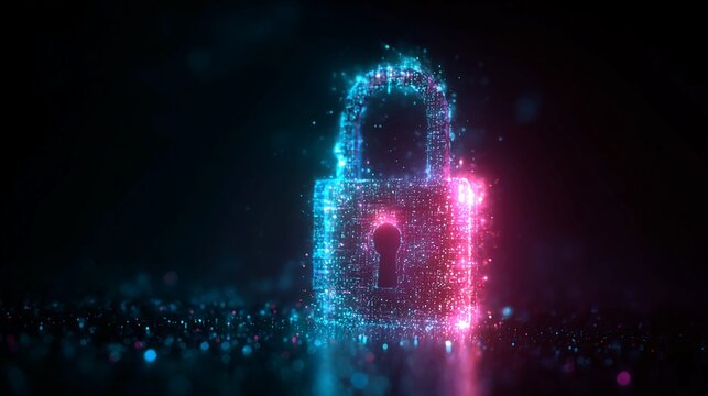A glowing digital padlock with pink and blue lights on a dark background - Powered by Adobe
