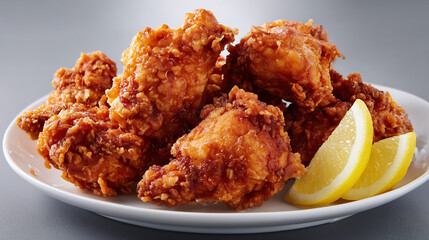揚げたてで衣がサクサクしたジューシーな鶏の唐揚げとレモンを添えた白皿盛り