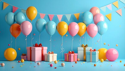 Festive arrangement of colorful balloons and gift boxes on a blue backdrop, perfect for party and celebration themes.