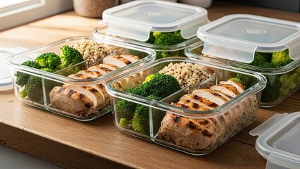 Healthy Meal Prep Containers on Wooden Table.