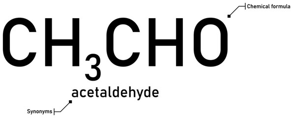 Acetaldehyde chemical formula with callout titles