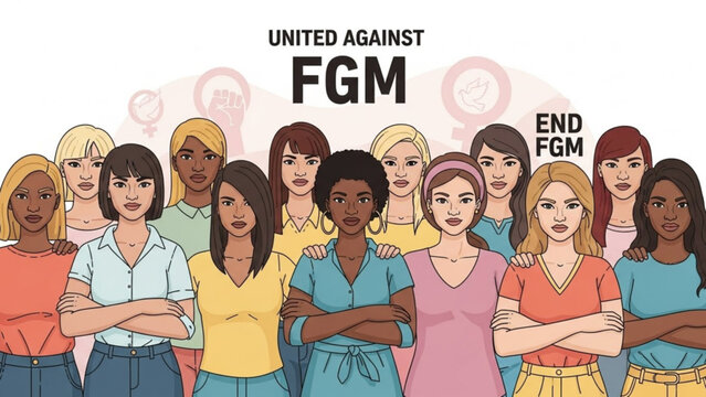Diverse group of women united against FGM standing together for awareness and change illustration for social justice campaigns