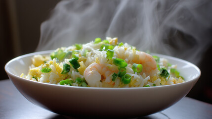 白いボウルに盛り付けられた湯気が立ち昇る熱々のエビと卵のパラパラチャーハン