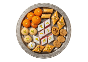 assorted mithai platter with ladoos and barfi for ramadan eid mubarak celebrations