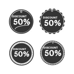 Fototapeta premium Set of four round discount badges with 50 percent sale text in black and white halftone style. Vintage promotional labels for retail marketing, editable graphic elements isolated on white background.